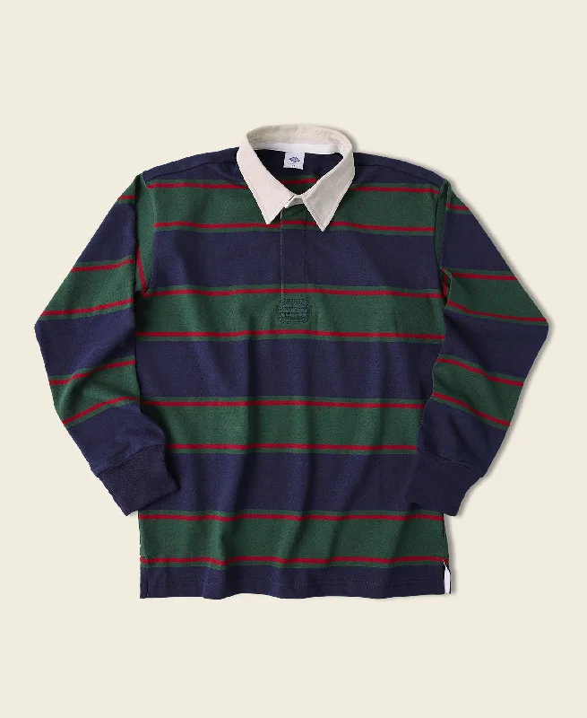 Long-Sleeve-Techwear-Classic Fit Striped Jersey Rugby Shirt - Green/Navy/Red