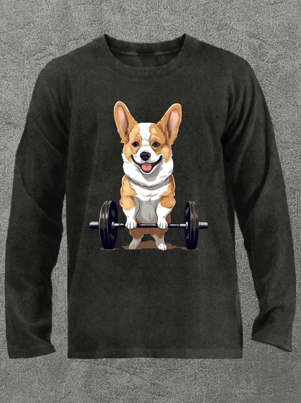 Long-Sleeve-Recycled-weightlifting dog corgi Washed Gym Long Sleeve Shirt