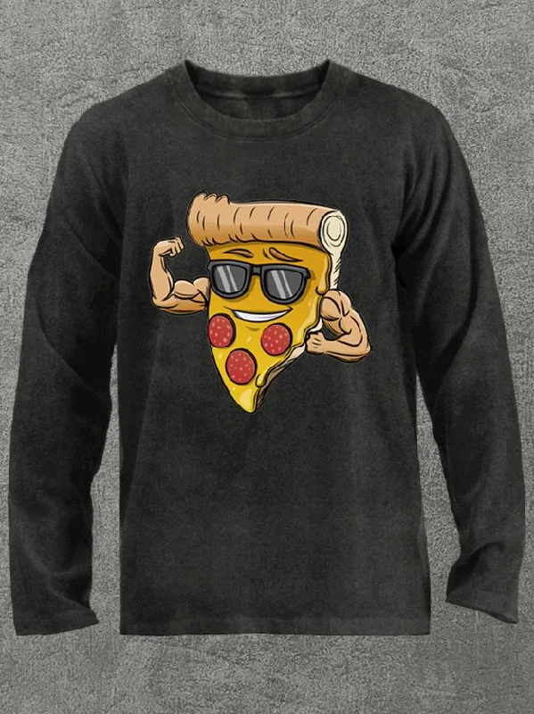 Long-Sleeve-Organic-bodybuilder pizza Washed Gym Long Sleeve Shirt