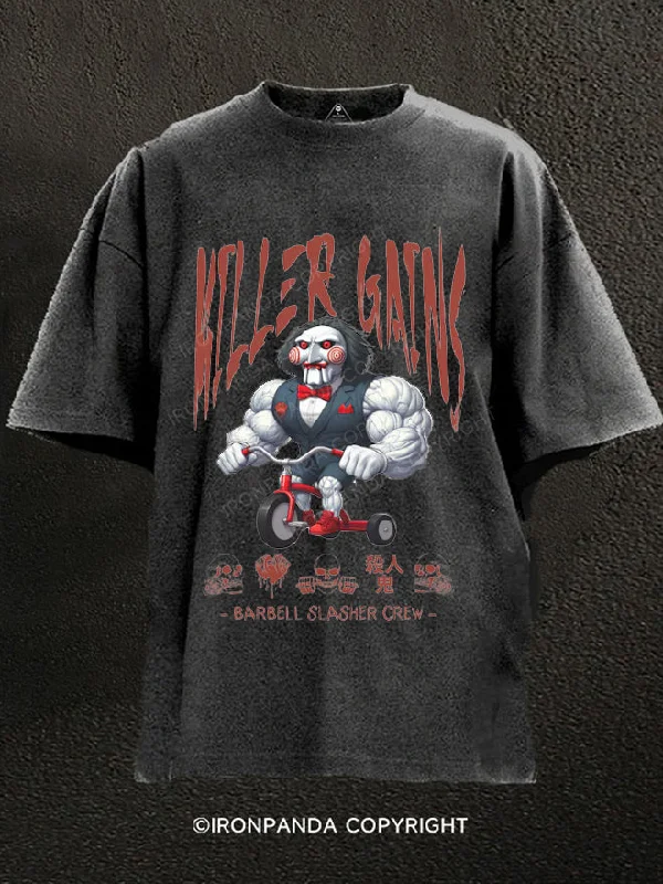 T-Shirt-Red-Kawaii Horror：barbell slasher crew Washed Gym Shirt