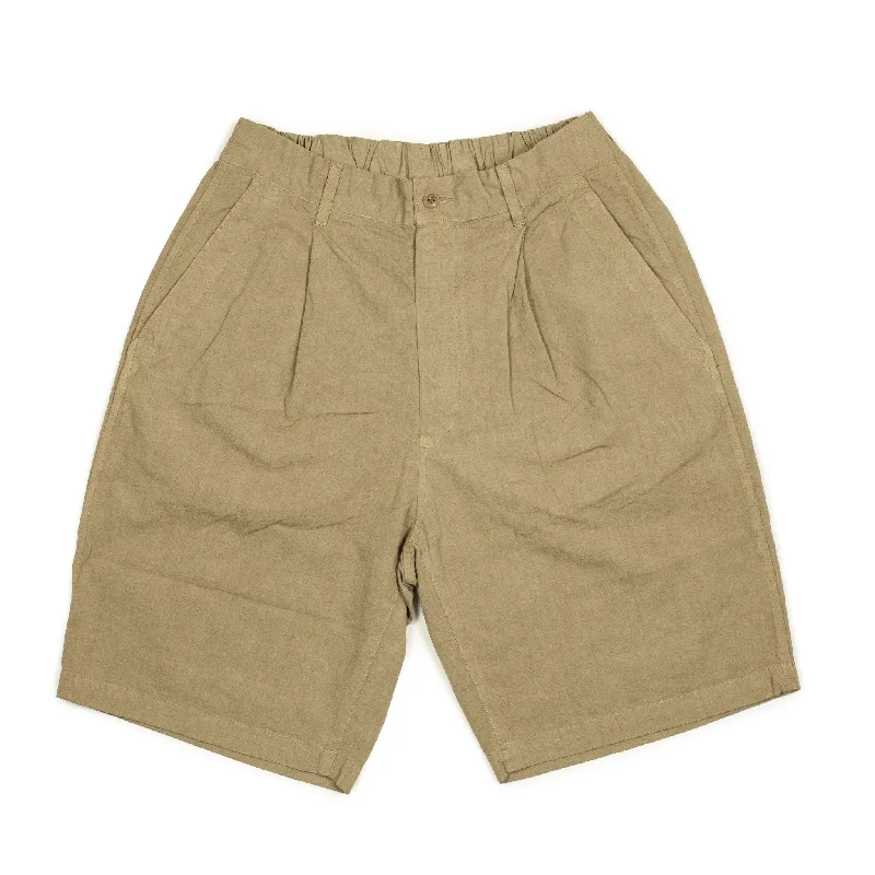 Shorts-Denim-One-tuck easy shorts in garment dyed khaki cotton hemp