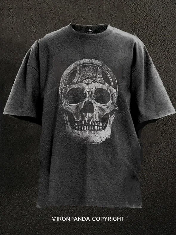 T-Shirt-Orange-Skull Barbell Washed Gym Shirt