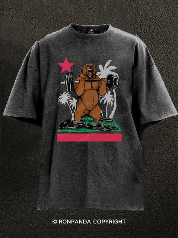 T-Shirt-Grey-California bear lifting weights Washed Gym Shirt