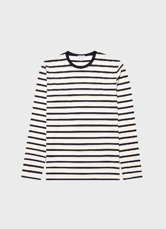 T-Shirt-Screen-Print-Men's Long Sleeve Classic T-shirt in Ecru/Navy Breton Stripe