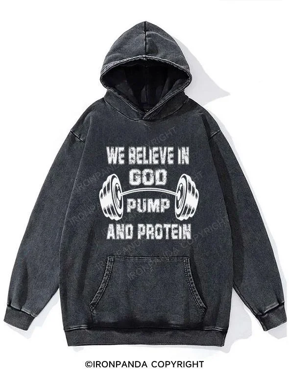 Hoodie-Stylish-We Believe In God Pump And Protein Washed Gym Hoodie