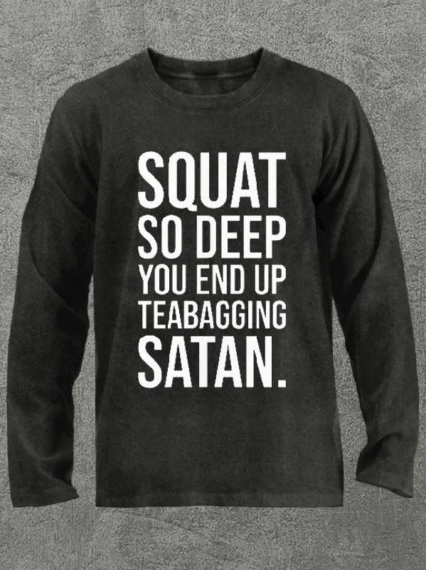 Long-Sleeve-Techwear-squat deep teabagging satan Washed Gym Long Sleeve Shirt