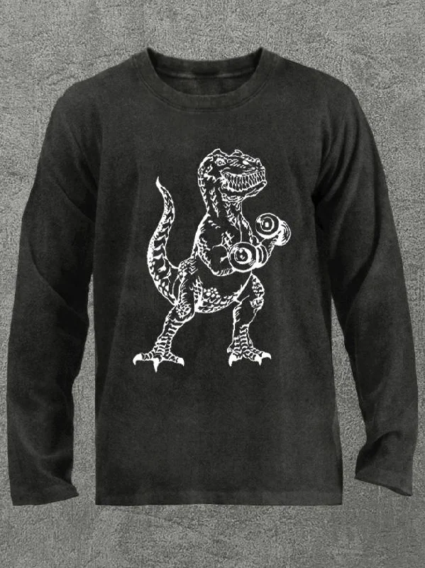 Long-Sleeve-Designer-weightlifting dinosaur Washed Gym Long Sleeve Shirt