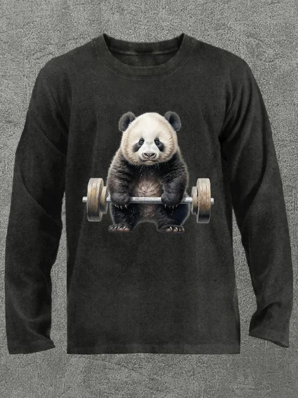 Long-Sleeve-White-weightlifting panda Washed Gym Long Sleeve Shirt