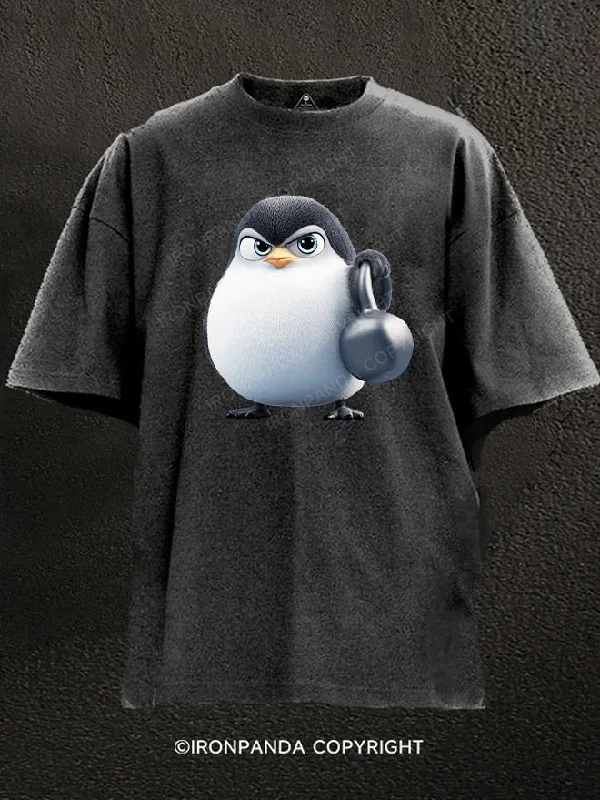 T-Shirt-Embroidery-Kettlebell penguin Washed Gym Shirt