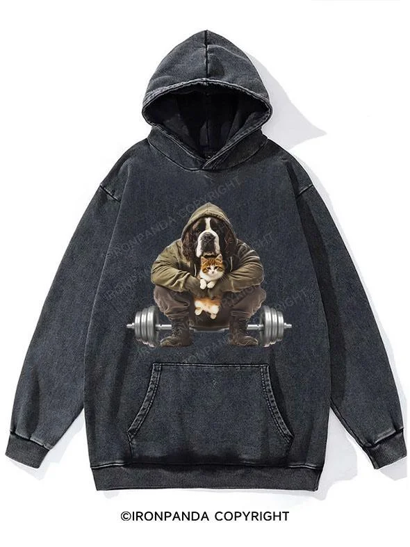 Hoodie-Windproof-Saint Bernard and kitten barbell Washed Gym Hoodie