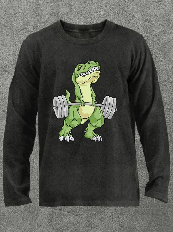 Long-Sleeve-Stylish-weightlifting dinosaur Washed Gym Long Sleeve Shirt