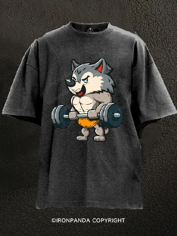 T-Shirt-Black-Wolf Trainer Bodybuilder Washed Gym Shirt