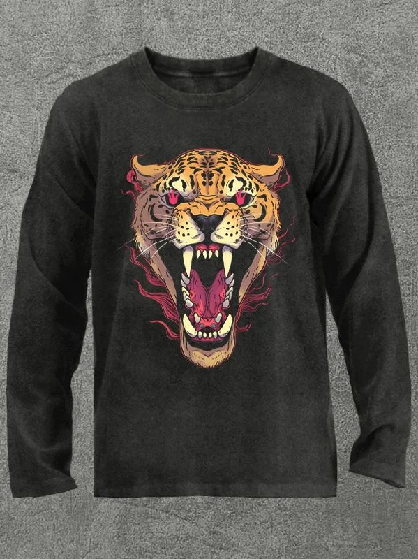 Long-Sleeve-Casual-fierce leopard head Washed Gym Long Sleeve Shirt