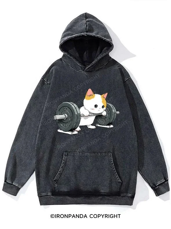 Hoodie-Black-Whimsical Cat Workout Washed Gym Hoodie