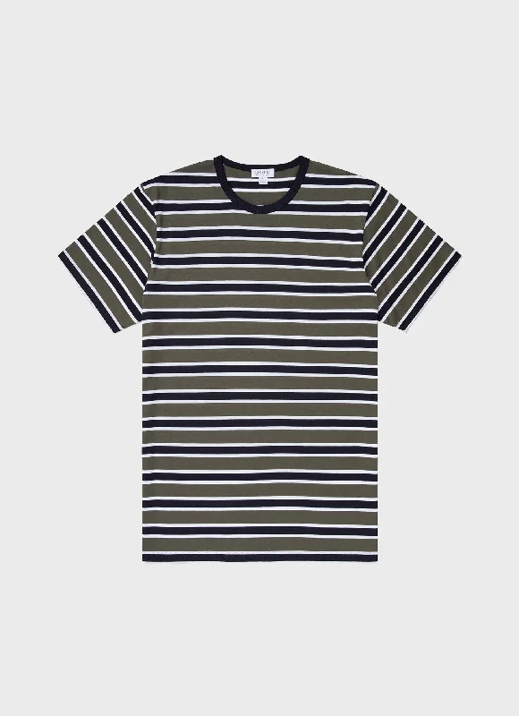 T-Shirt-Unisex-Men's Classic T-shirt in Navy/Hunter Green Holiday Stripe