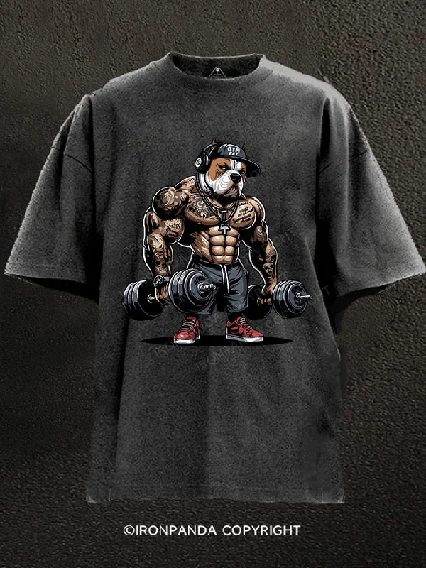 T-Shirt-Oversized-bulldog weightlifting Washed Gym Shirt