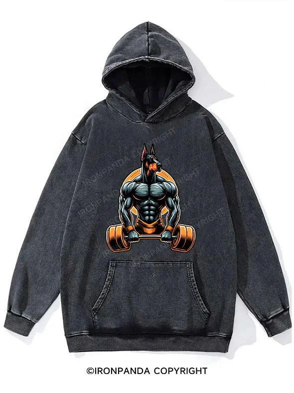 Hoodie-Yellow-Doberman Weightlifting Washed Gym Hoodie