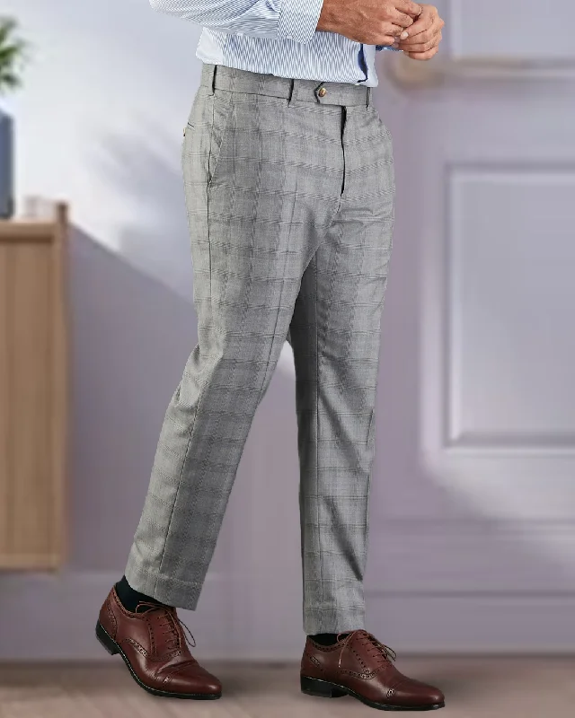 Pants-Brown-Drago: Super 160s Light Grey Prince of Wales Checks Dress Pant