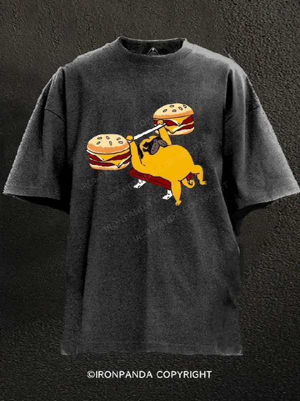 T-Shirt-Outdoor-Pug Bench Press hamburger Washed Gym Shirt