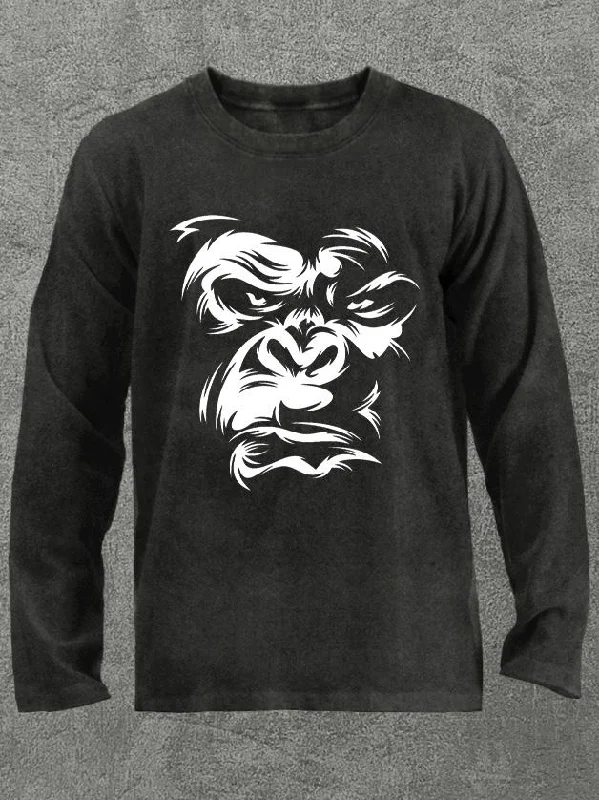 Long-Sleeve-Cropped-gorilla face Washed Gym Long Sleeve Shirt