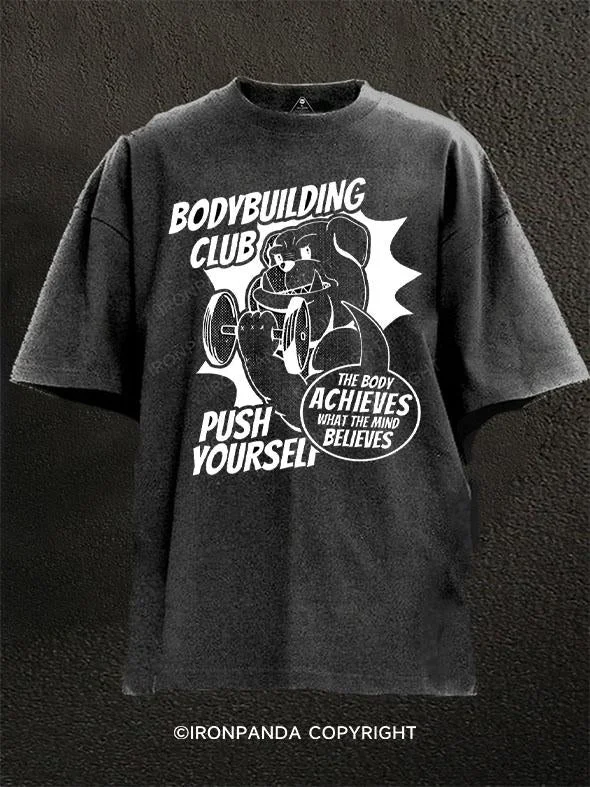 T-Shirt-Blue-THE BODY ACHIEVES WHAT THE MIND BELIEVES Washed Gym Shirt