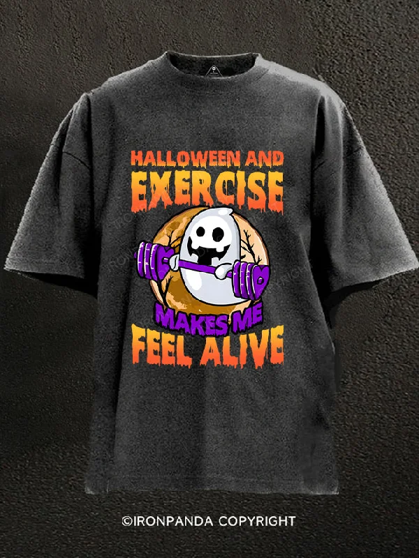 T-Shirt-90s-Style-HALLOWEEN AND EXERCISE MAKES ME FEEL ALIVE Washed Gym Shirt