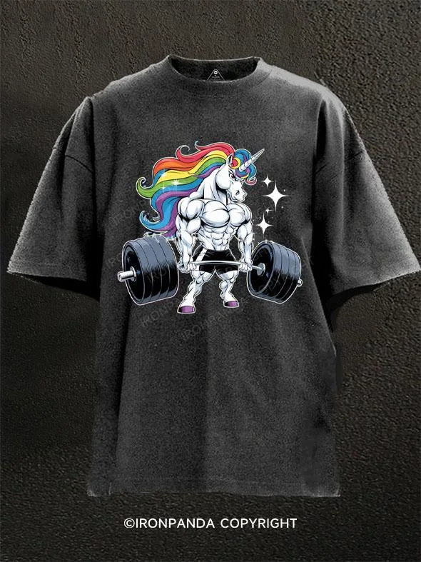 T-Shirt-Yellow-Unicorn Weightlifting Washed Gym Shirt