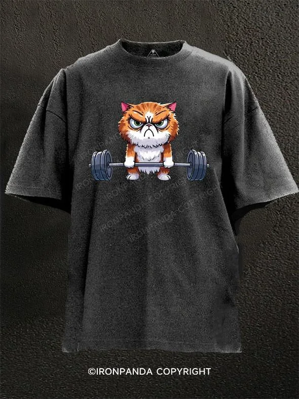 T-Shirt-Hip-Hop-Theme-Weightlifting Cat Washed Gym Shirt