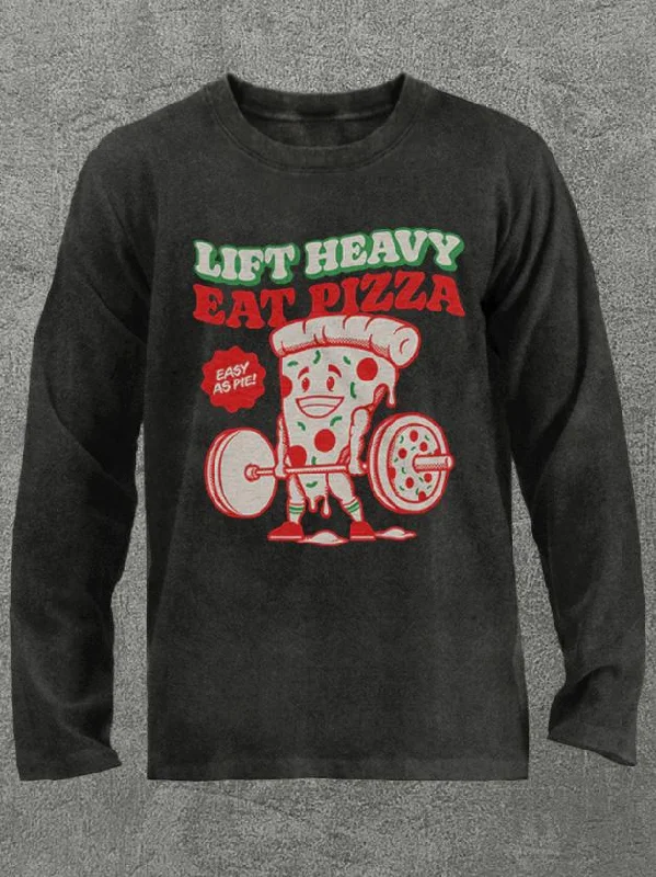 Long-Sleeve-Cotton-lift heavy eat pizza Washed Gym Long Sleeve Shirt