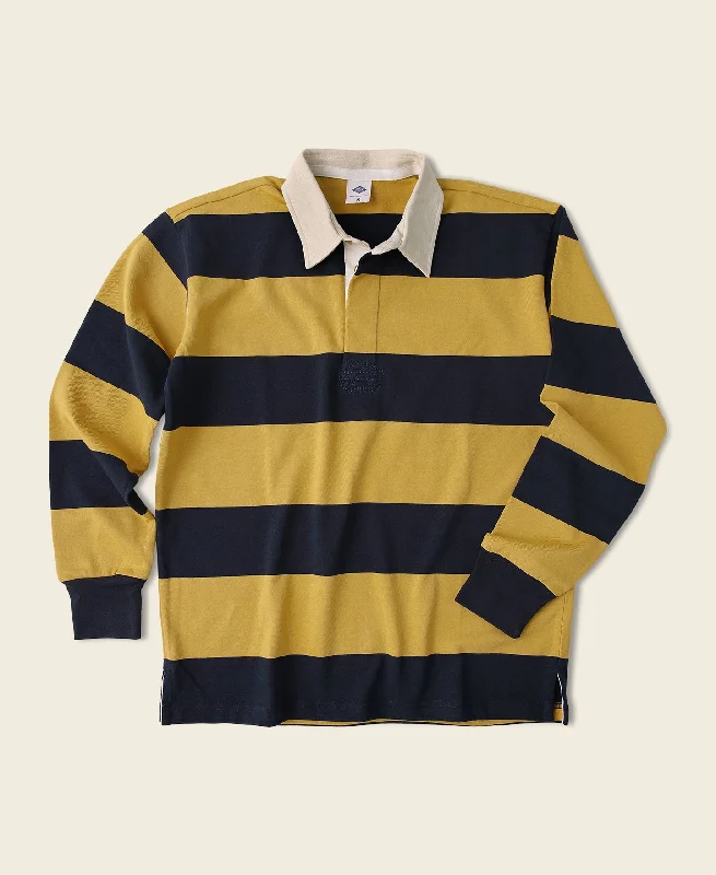 Long-Sleeve-Button-Up-Classic Fit Striped Jersey Rugby Shirt - Yellow/Navy