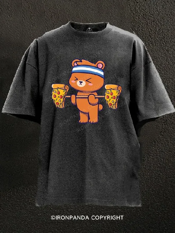 T-Shirt-V-Neck-Pizza Lifting Bear Washed Gym Shirt