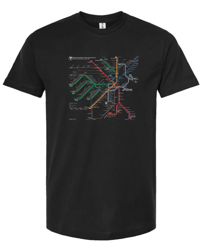 T-Shirt-Blue-Boston MBTA Map on Black T-Shirt (ADULT UNISEX)