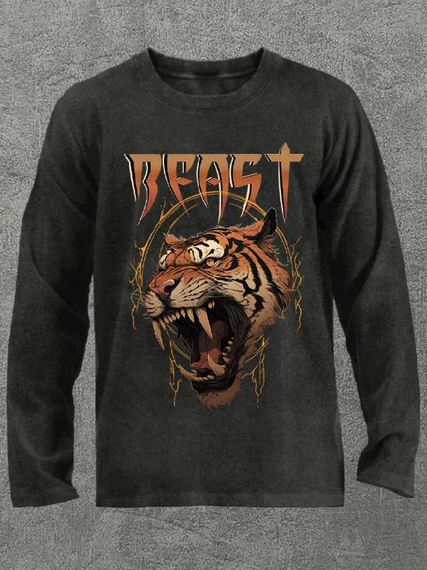 Long-Sleeve-Streetwear-Fierce tiger head Washed Gym Long Sleeve Shirt