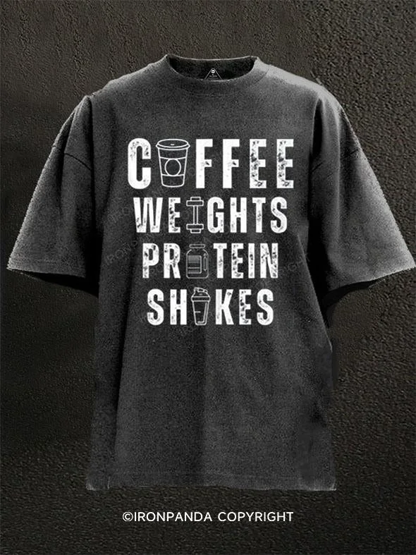 T-Shirt-Loose-Fit-Coffee Weights Protein Shakes Washed Gym Shirt