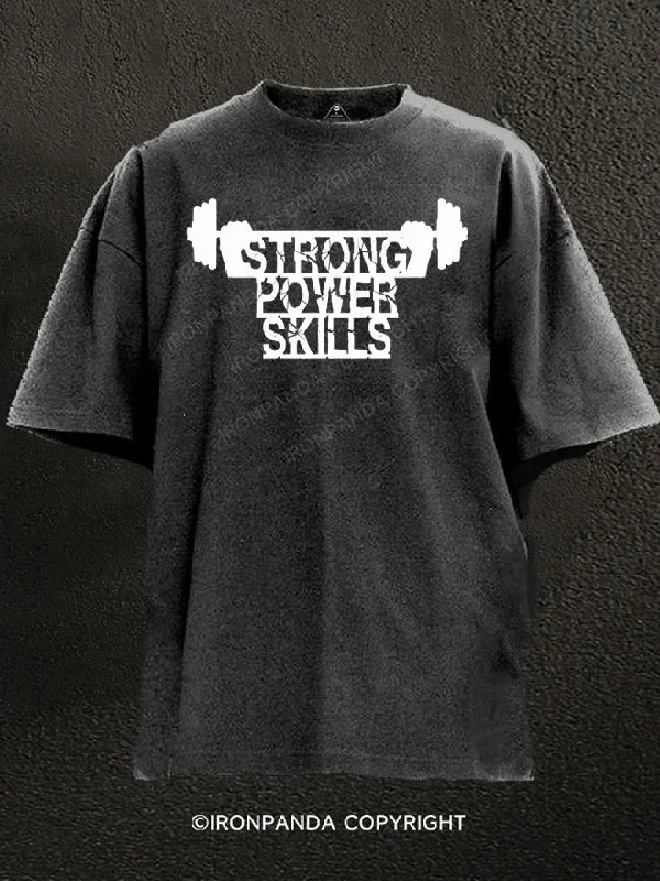 T-Shirt-Slogan-Strong Power Skills Washed Gym Shirt