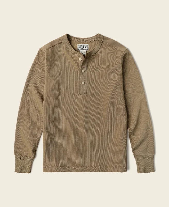 Long-Sleeve-Vegan-Vintage Long Sleeve Henley Shirt - Khaki