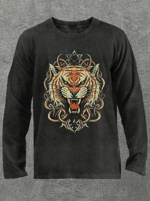 Long-Sleeve-Boho-Fierce tiger head Washed Gym Long Sleeve Shirt