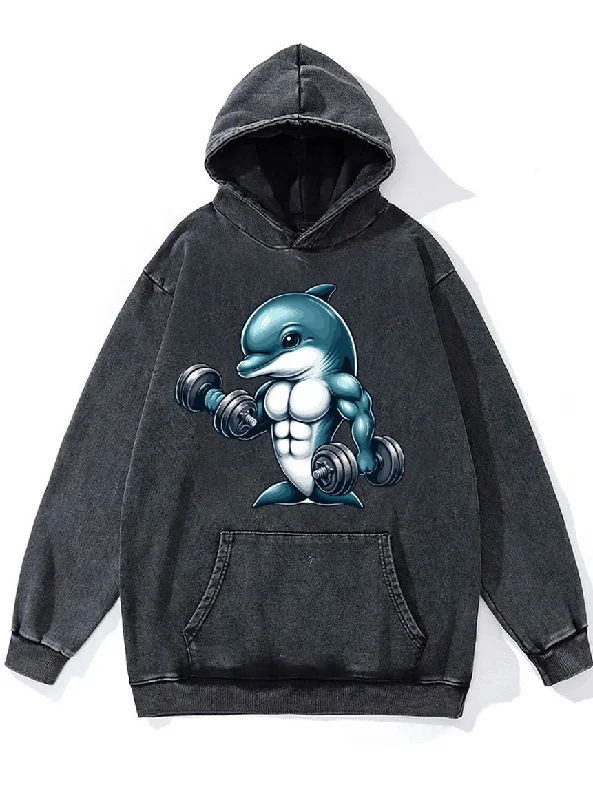 Hoodie-Durable-dumbbell weightlifting muscular dolphin Washed Gym Hoodie