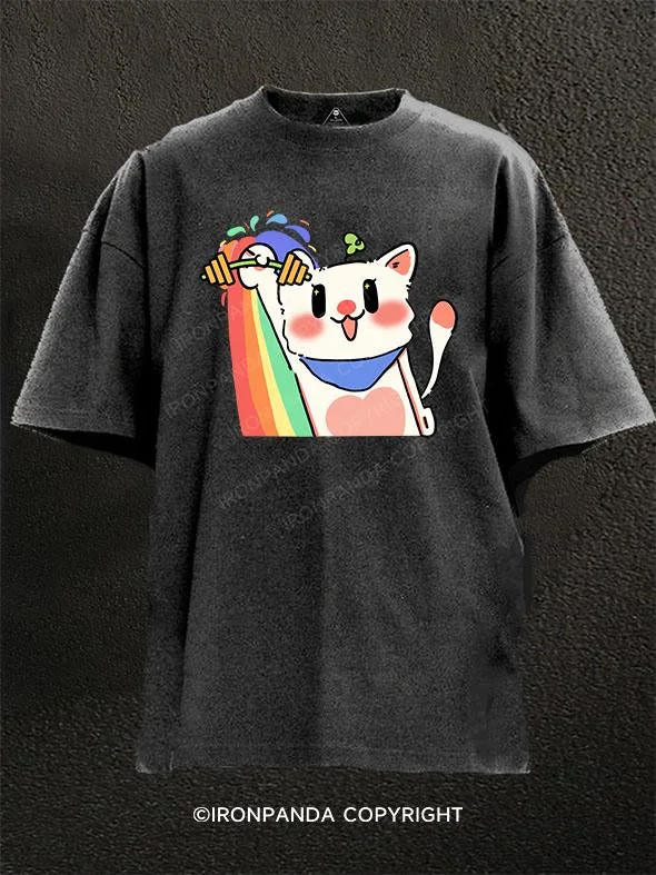 T-Shirt-Checked-LIFTING KITTY VIBIN' WITH RAINBOWS Washed Gym Shirt