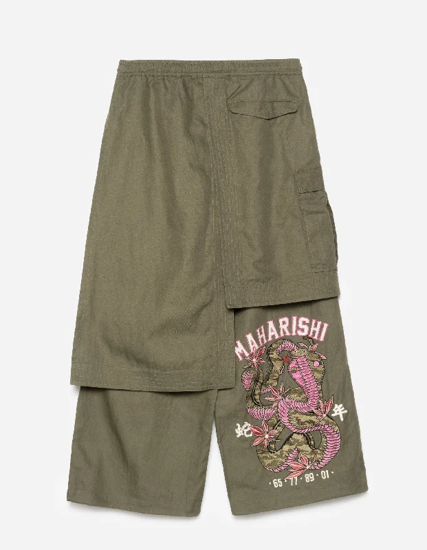 Pants-Athletic-6008 Cobra Asym Cargo Hakama Pants Olive OG-107F