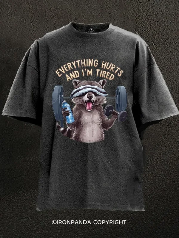 T-Shirt-Merino-Wool-Everything Hurts And I'm Tired Funny Raccoon Washed Gym Shirt