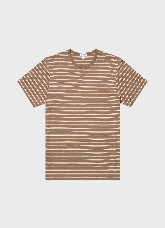 T-Shirt-Sleeveless-Men's Classic T-shirt in Dark Sand/Ecru Tramline Stripe