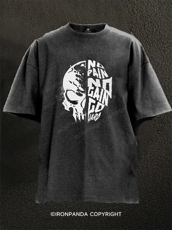 T-Shirt-Printed-No Pain No Gain Skull  Washed Gym Shirt