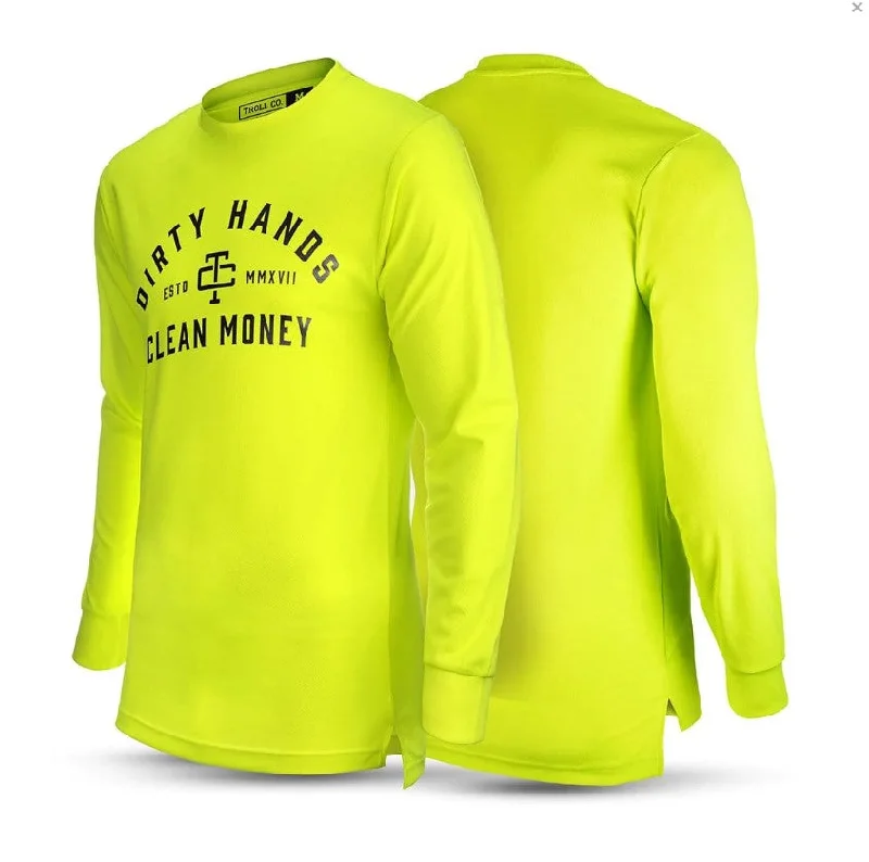 Long-Sleeve-Bamboo-Troll Co. Men's "Dirty Hands Clean Money" O.G. Long Sleeve Wicking T-Shirt_Bright Lime