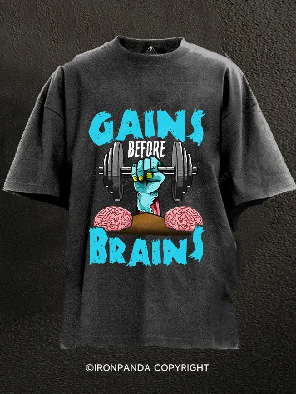 T-Shirt-Unisex-GAINS BEFORE BRAINS Washed Gym Shirt