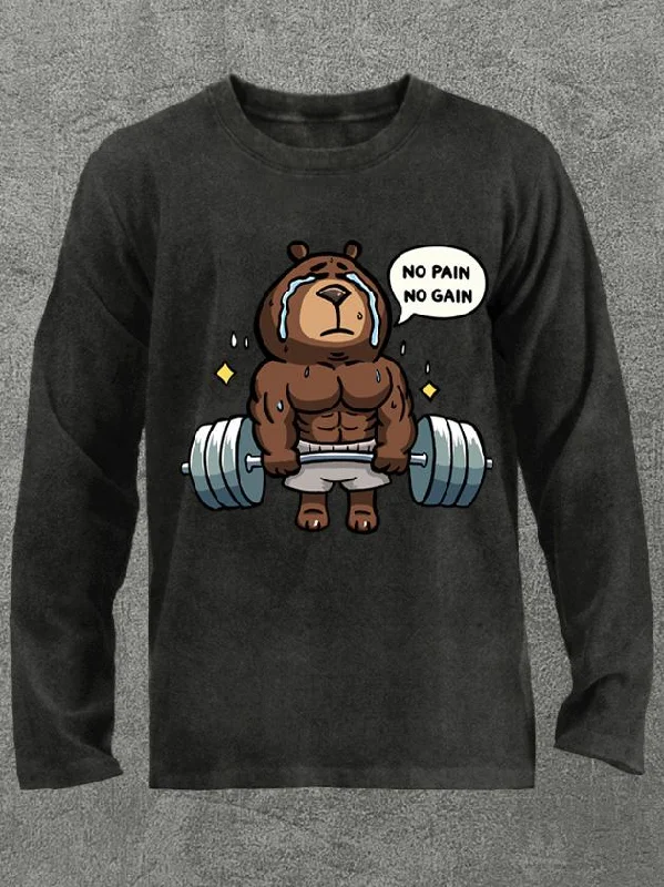 Long-Sleeve-V-Neck-no pain no gain bear Washed Gym Long Sleeve Shirt