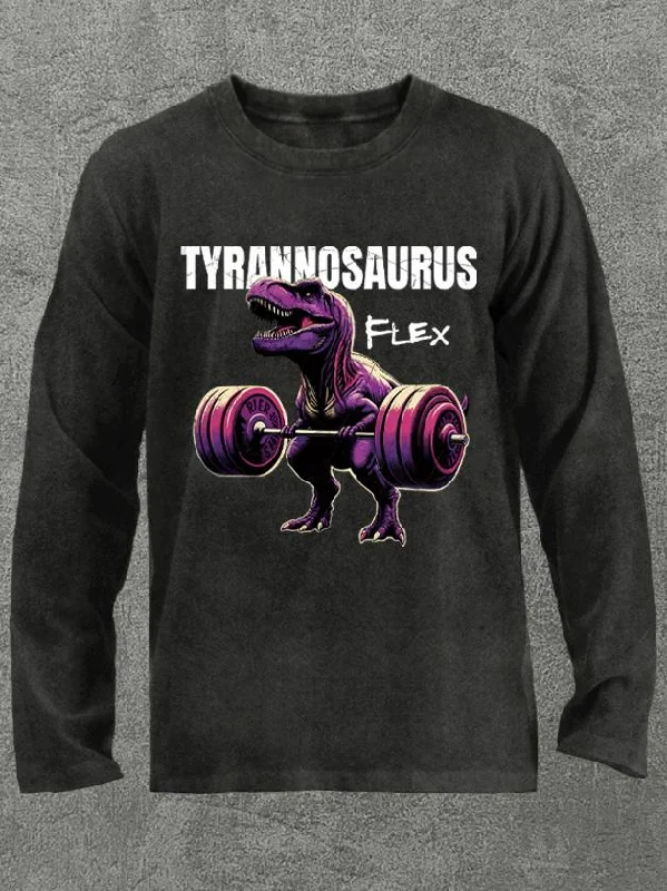 Long-Sleeve-Crewneck-tyrannosaurus flex Washed Gym Long Sleeve Shirt