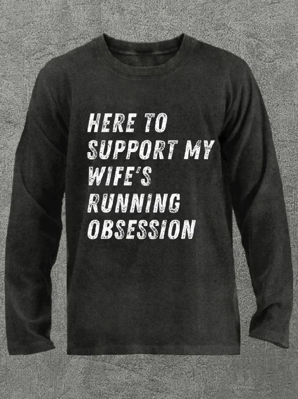 Long-Sleeve-Biker-here to support my wife's running obsession Washed Gym Long Sleeve Shirt