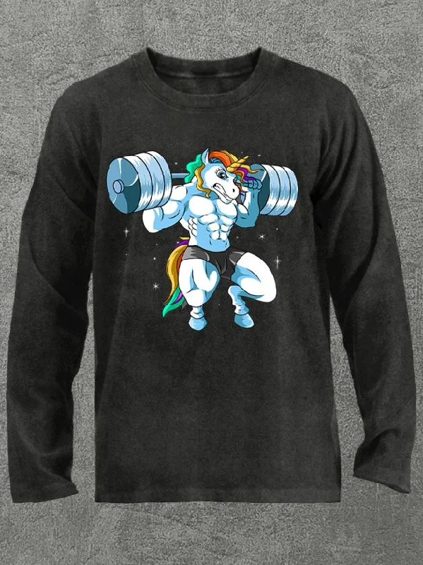 Long-Sleeve-Checked-squatting unicorn Washed Gym Long Sleeve Shirt