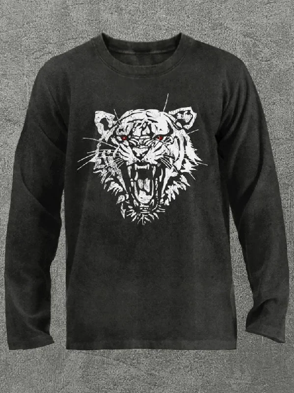 Long-Sleeve-Button-Up-Tiger Head Washed Gym Long Sleeve Shirt